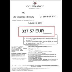 MG ZS EV 156ch - 70kWh Luxury Li&eacute;vin